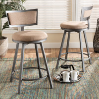 Baxton Studio 8740P-Light Brown-PC Baxton Studio Danson Modern Industrial Light Brown Fabric Upholstered and Antique Grey Finished Metal 2-Piece Swivel Pub Chair Set